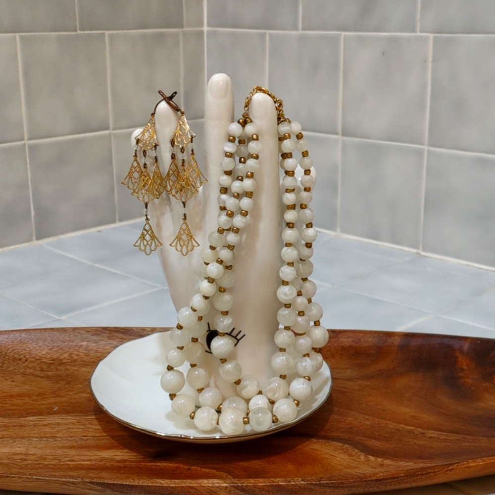 Gold and White marble jewelry necklace and earring set